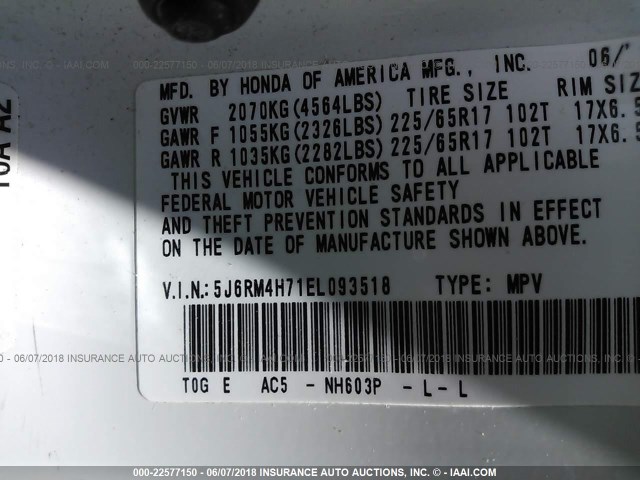 5J6RM4H71EL093518 - 2014 HONDA CR-V EXL WHITE photo 9