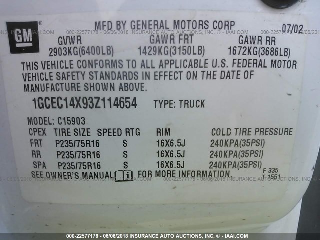 1GCEC14X93Z114654 - 2003 CHEVROLET SILVERADO C1500 WHITE photo 9