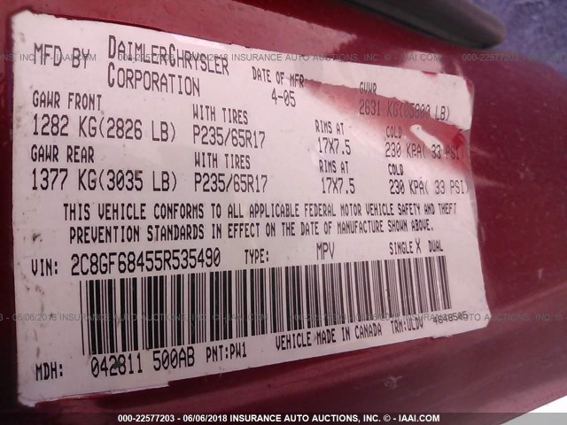 2C8GF68455R535490 - 2005 CHRYSLER PACIFICA TOURING RED photo 9