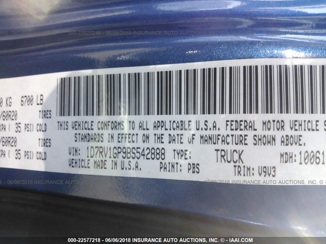 1D7RV1GP9BS542888 - 2011 DODGE RAM 1500 BLUE photo 9