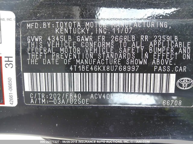 4T1BE46KX8U768997 - 2008 TOYOTA CAMRY CE/LE/XLE/SE BLACK photo 9