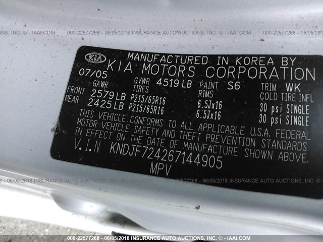 KNDJF724267144905 - 2006 KIA NEW SPORTAGE  SILVER photo 9