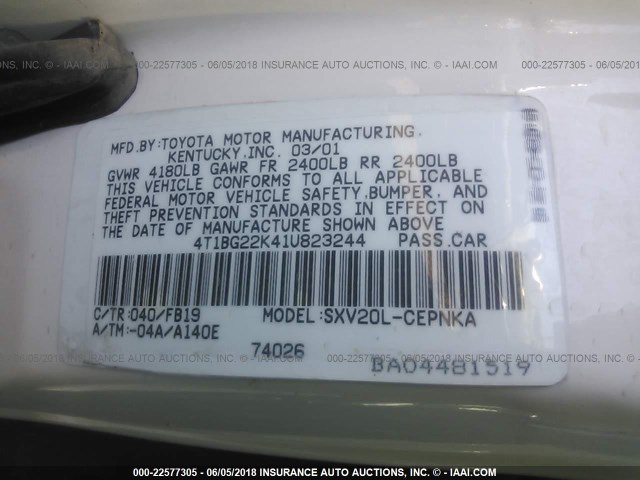 4T1BG22K41U823244 - 2001 TOYOTA CAMRY CE/LE/XLE WHITE photo 9