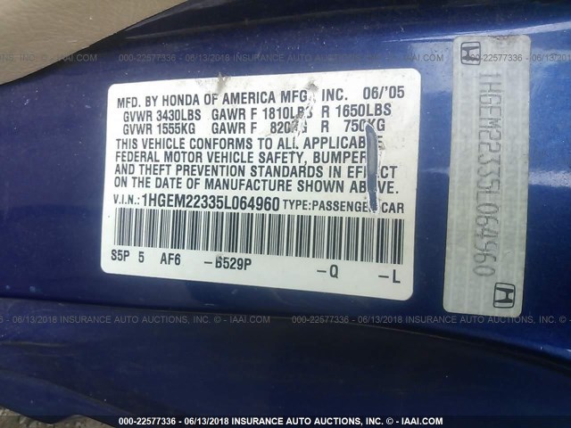 1HGEM22335L064960 - 2005 HONDA CIVIC DX VP ლურჯი ფოტო 9