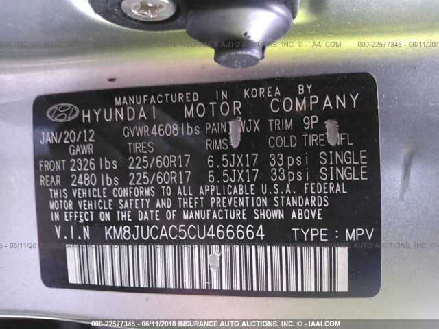 KM8JUCAC5CU466664 - 2012 HYUNDAI TUCSON GLS/LIMITED GRAY photo 9