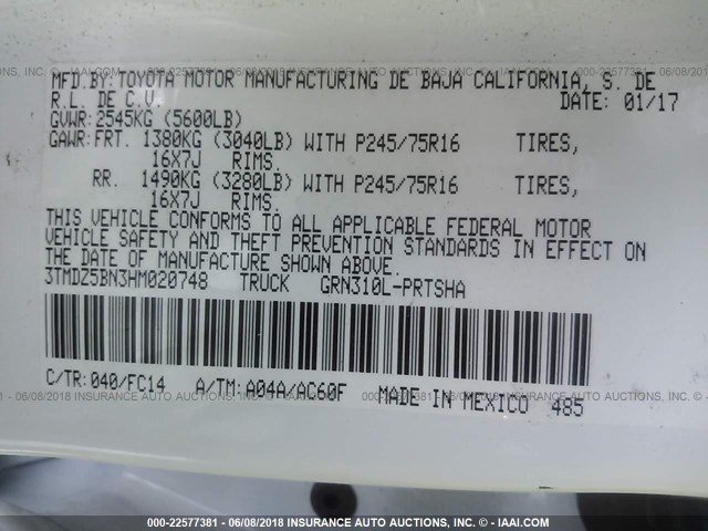 3TMDZ5BN3HM020748 - 2017 TOYOTA TACOMA DBL CAB/SR5/TRD SPORT/OR WHITE photo 9