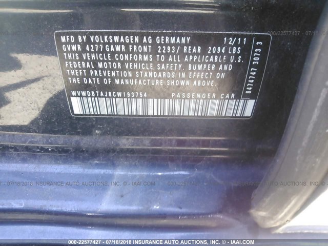 WVWDB7AJ8CW193754 - 2012 VOLKSWAGEN GOLF Dark Blue photo 9