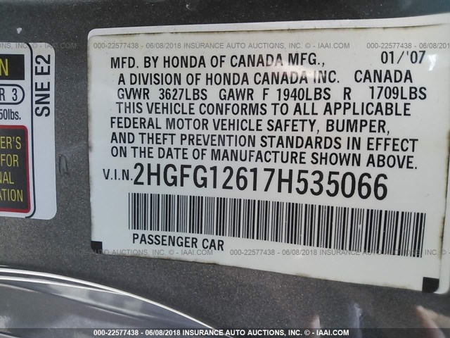 2HGFG12617H535066 - 2007 HONDA CIVIC LX SILVER photo 9