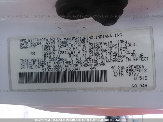 5TDZA23C74S168341 - 2004 TOYOTA SIENNA CE/LE WHITE photo 9