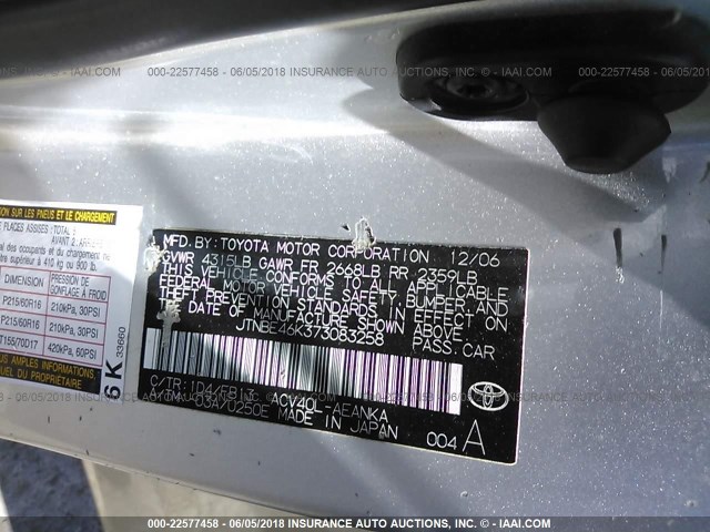 JTNBE46K373083258 - 2007 TOYOTA CAMRY NEW GENERAT CE/LE/XLE/SE SILVER photo 9