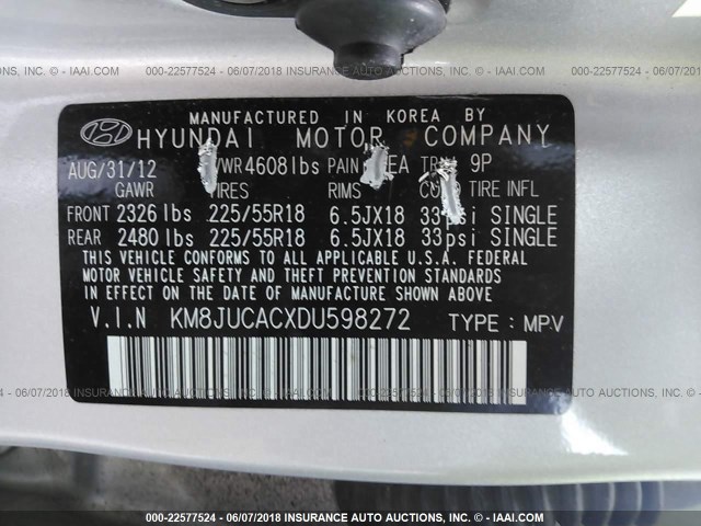 KM8JUCACXDU598272 - 2013 HYUNDAI TUCSON GLS/LIMITED SILVER photo 9