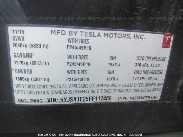 5YJSA1E25FF117458 - 2015 TESLA MODEL S GRAY photo 9