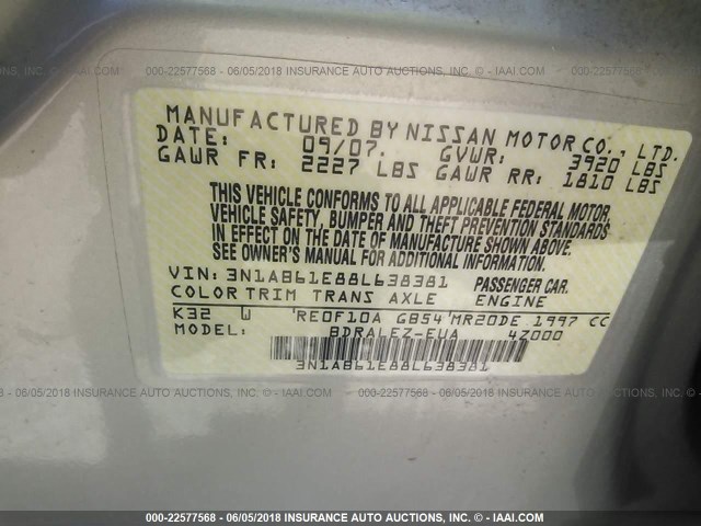 3N1AB61E88L638381 - 2008 NISSAN SENTRA 2.0/2.0S/2.0SL TAN photo 9