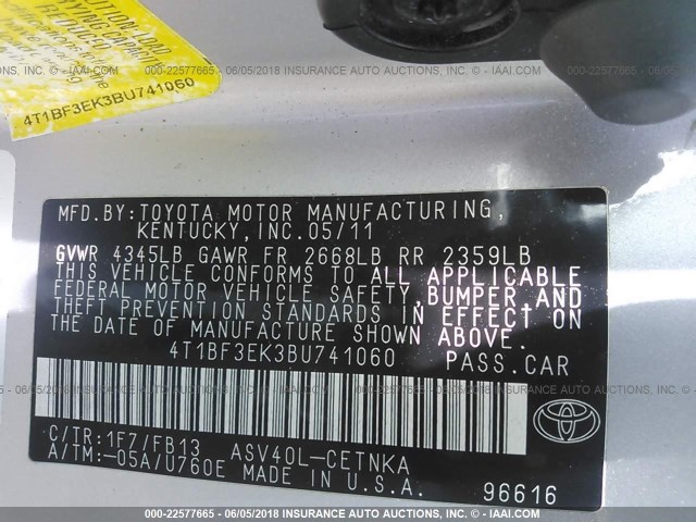 4T1BF3EK3BU741060 - 2011 TOYOTA CAMRY SE/LE/XLE SILVER photo 9