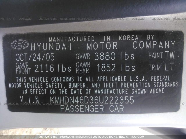 KMHDN46D36U222355 - 2006 HYUNDAI ELANTRA GLS/GT/LIMITED SILVER photo 9