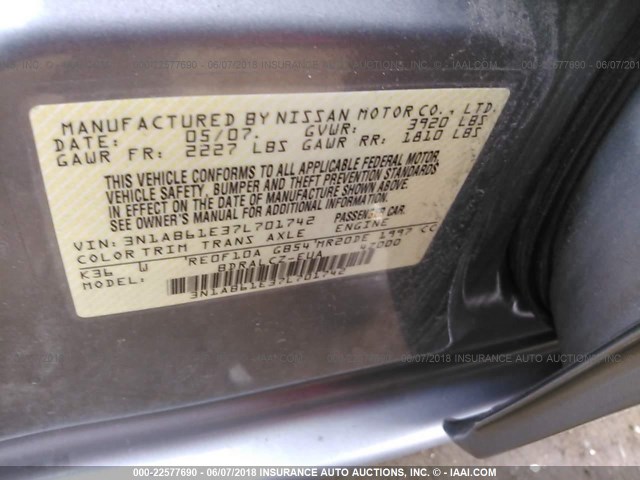 3N1AB61E37L701742 - 2007 NISSAN SENTRA 2.0/2.0S/2.0SL GRAY photo 9