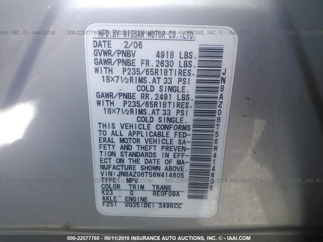 JN8AZ08T56W414605 - 2006 NISSAN MURANO SL/SE/S SILVER photo 9