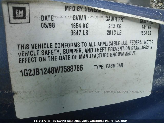 1G2JB1248W7588786 - 1998 PONTIAC SUNFIRE SE BLUE photo 9