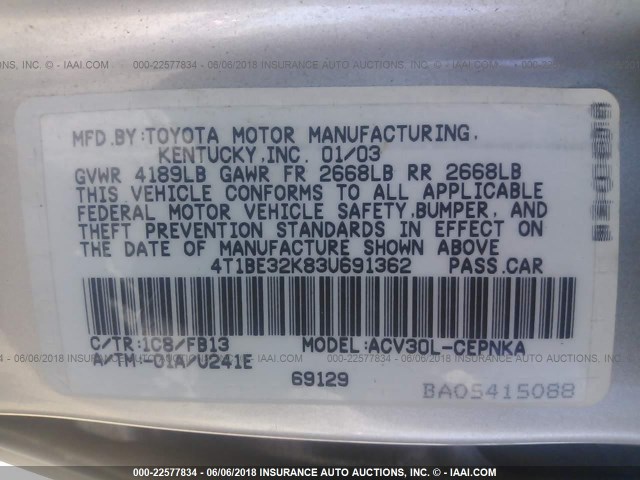 4T1BE32K83U691362 - 2003 TOYOTA CAMRY LE/XLE/SE SILVER photo 9