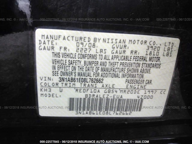 3N1AB61E08L762662 - 2008 NISSAN SENTRA 2.0/2.0S/2.0SL BLACK photo 9