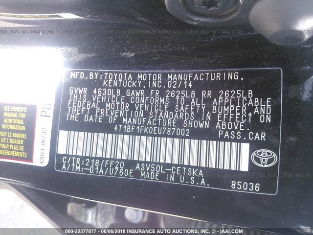4T1BF1FK0EU787002 - 2014 TOYOTA CAMRY L/SE/LE/XLE BLACK photo 9