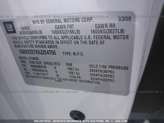 1GKEV237X8J254756 - 2008 GMC ACADIA SLT-1 Weiß Foto 9