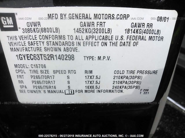 1GYEC63T52R140298 - 2002 CADILLAC ESCALADE LUXURY Qara foto 9