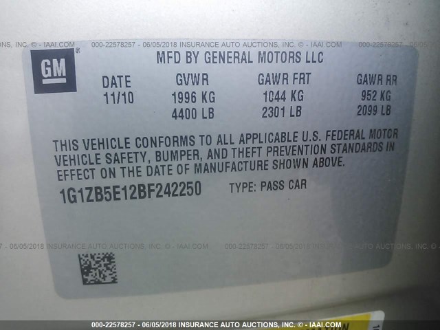 1G1ZB5E12BF242250 - 2011 CHEVROLET MALIBU LS Qızıl foto 9