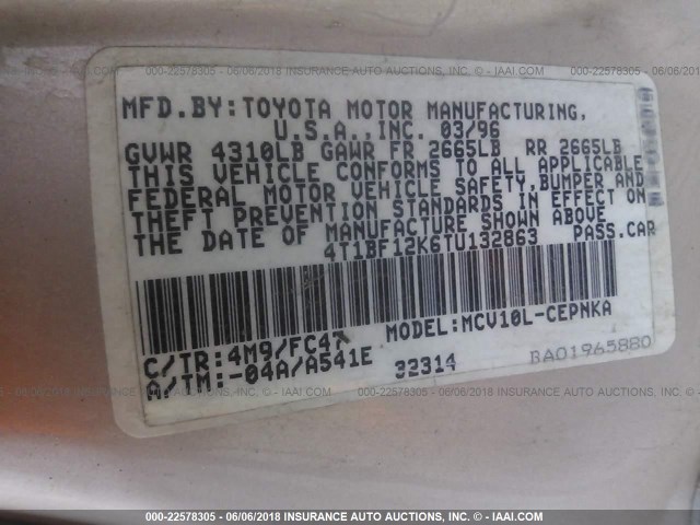 4T1BF12K6TU132863 - 1996 TOYOTA CAMRY LE/XLE/SE 金色 照片 9