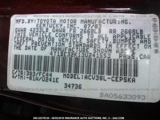 4T1BE32K13U241553 - 2003 TOYOTA CAMRY LE/XLE/SE წითელი ფოტო 9