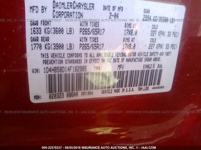 1D4HB58D14F162985 - 2004 DODGE DURANGO LIMITED RED photo 9