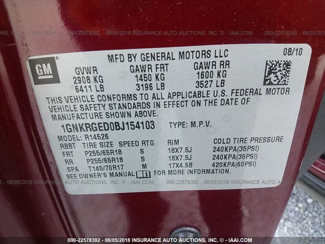 1GNKRGED0BJ154103 - 2011 CHEVROLET TRAVERSE LT MAROON photo 9