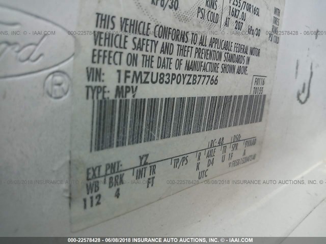 1FMZU83P0YZB77766 - 2000 FORD EXPLORER XLT WHITE photo 9