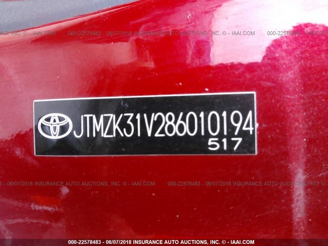 JTMZK31V286010194 - 2008 TOYOTA RAV4 LIMITED BURGUNDY photo 9