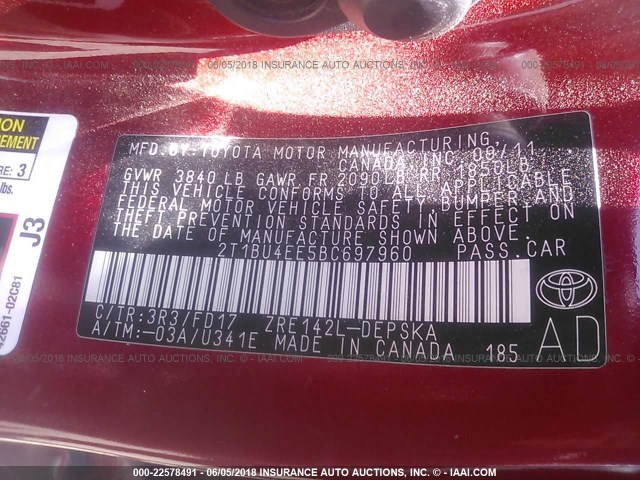 2T1BU4EE5BC697960 - 2011 TOYOTA COROLLA S/LE RED photo 9