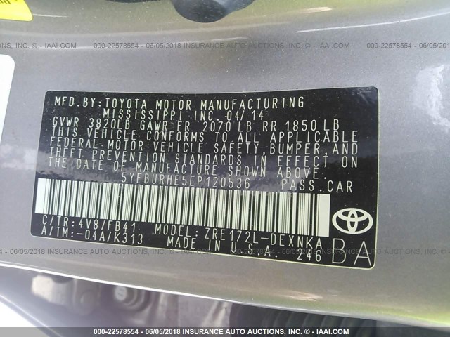 5YFBURHE5EP120536 - 2014 TOYOTA COROLLA L/LE/LE PLS/PRM/S/S PLS TAN photo 9