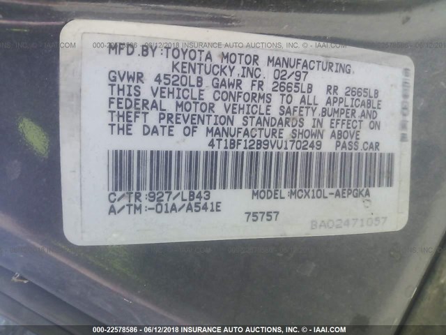 4T1BF12B9VU170249 - 1997 TOYOTA AVALON XL/XLS GRAY photo 9