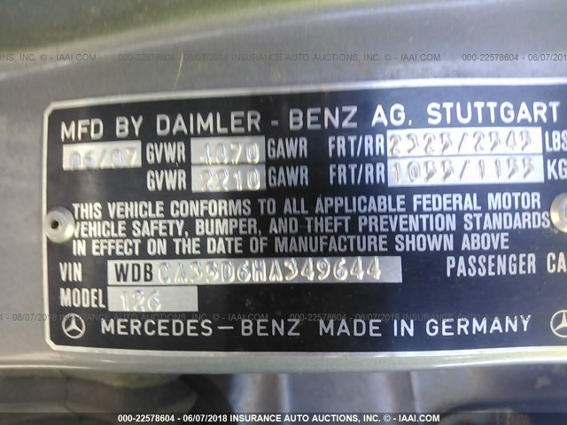 WDBCA35D6HA349644 - 1987 MERCEDES-BENZ 420 SEL SILVER photo 9