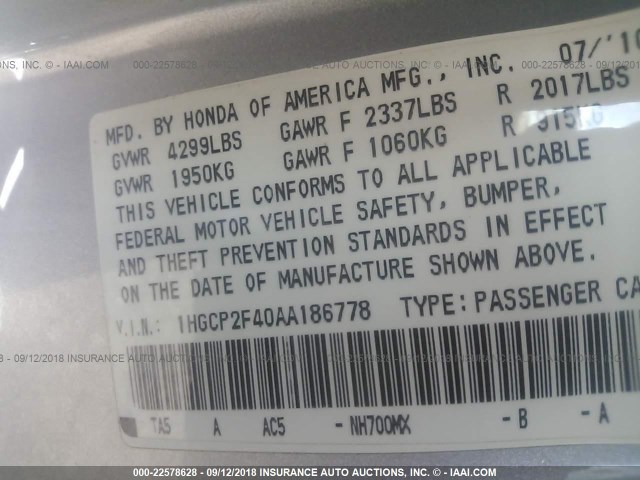 1HGCP2F40AA186778 - 2010 HONDA ACCORD LXP SILVER photo 9
