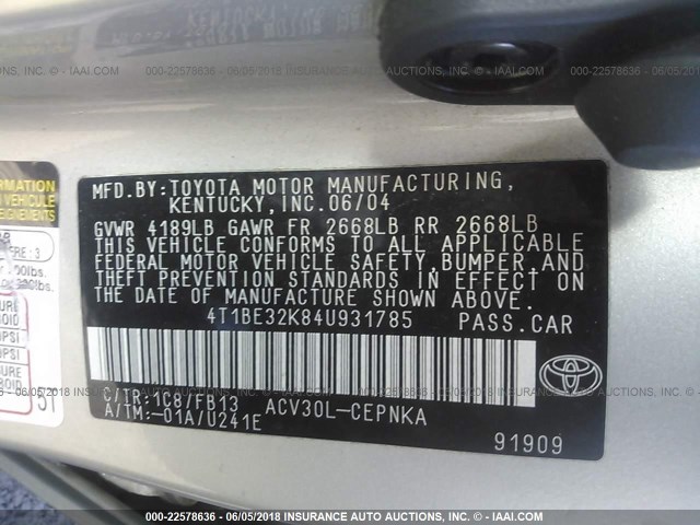 4T1BE32K84U931785 - 2004 TOYOTA CAMRY LE/XLE/SE ვერცხლისფერი ფოტო 9