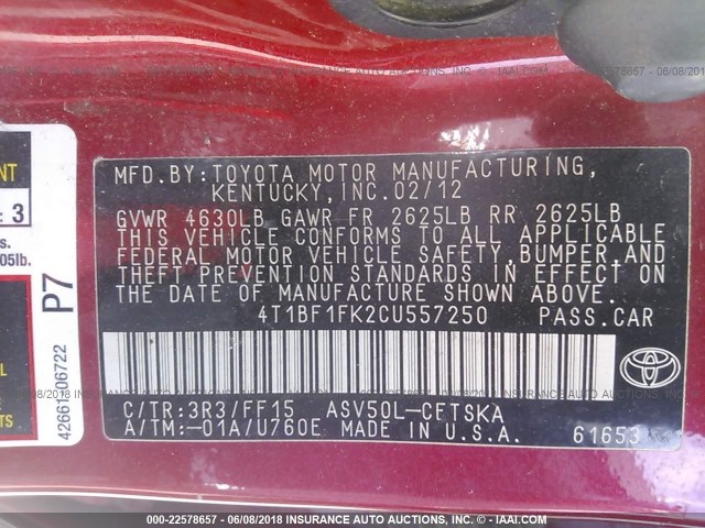 4T1BF1FK2CU557250 - 2012 TOYOTA CAMRY SE/LE/XLE MAROON photo 9