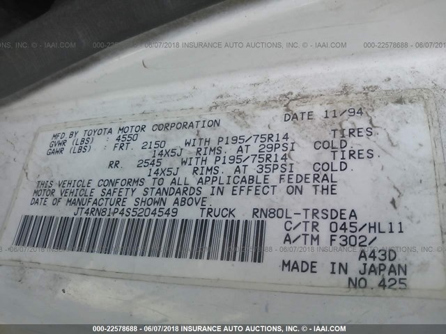 JT4RN81P4S5204549 - 1995 TOYOTA PICKUP 1/2 TON SHORT WHLBSE DX WHITE photo 9