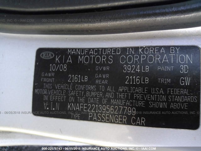 KNAFE221395627799 - 2009 KIA SPECTRA EX/LX/SX SILVER photo 9