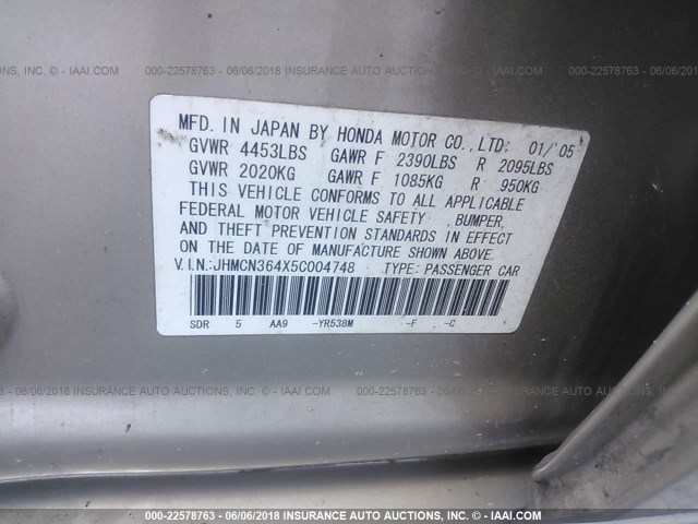 JHMCN364X5C004748 - 2005 HONDA ACCORD HYBRID GRAY photo 9