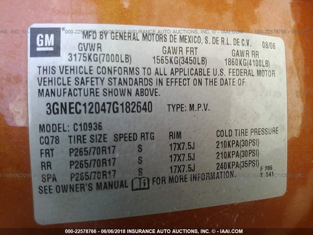 3GNEC12047G182640 - 2007 CHEVROLET AVALANCHE C1500 ORANGE photo 9