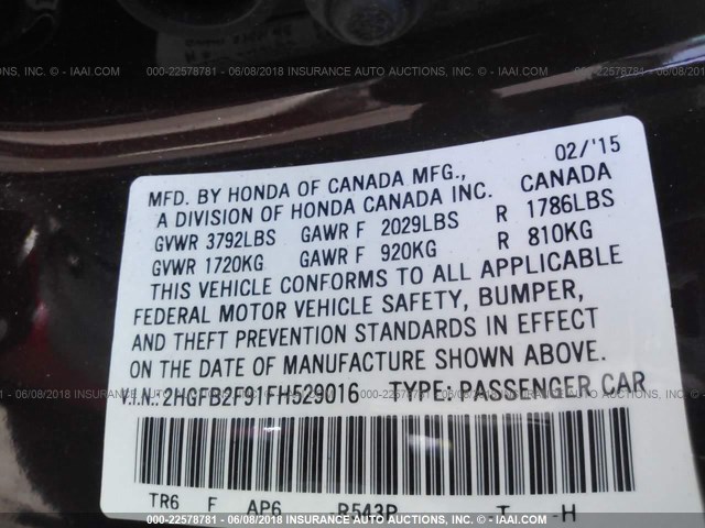 2HGFB2F91FH529016 - 2015 HONDA CIVIC EXL მუქწითელი ფოტო 9