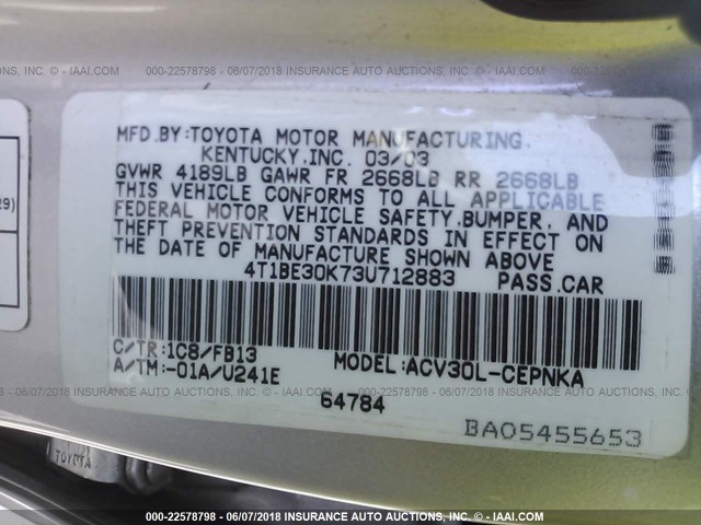 4T1BE30K73U712883 - 2003 TOYOTA CAMRY LE/XLE/SE 银色 照片 9