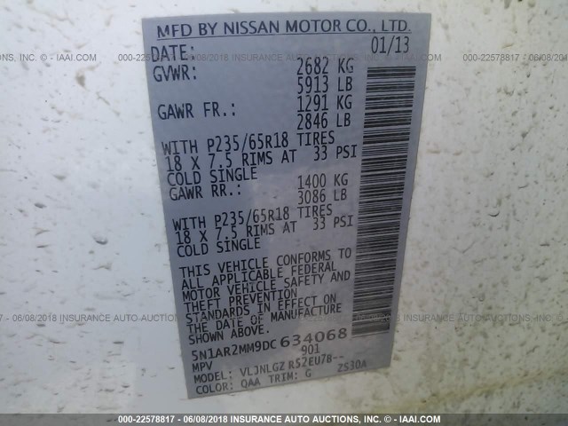 5N1AR2MM9DC634068 - 2013 NISSAN PATHFINDER S/SV/SL/PLATINUM WHITE photo 9