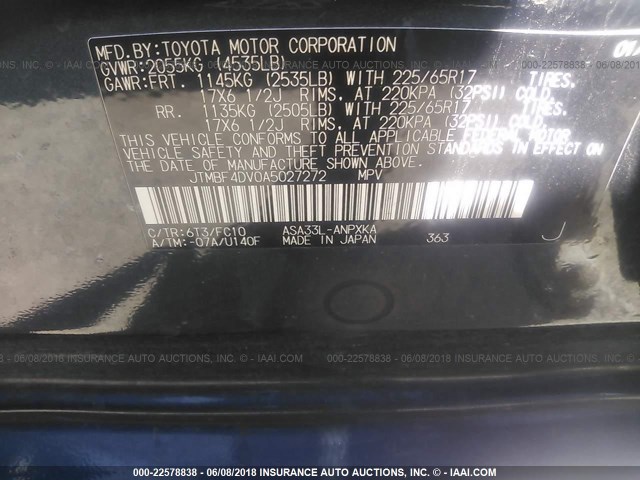 JTMBF4DV0A5027272 - 2010 TOYOTA RAV4 BLUE photo 9