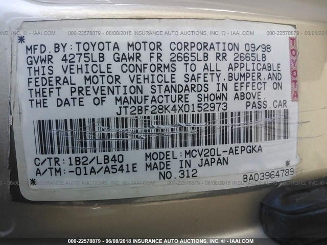 JT2BG22K810599609 - 2001 TOYOTA CAMRY CE/LE/XLE BEIGE photo 9